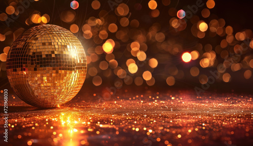 A glittering disco ball lies on a shimmering surface, with warm golden bokeh lights creating a festive and lively party ambiance