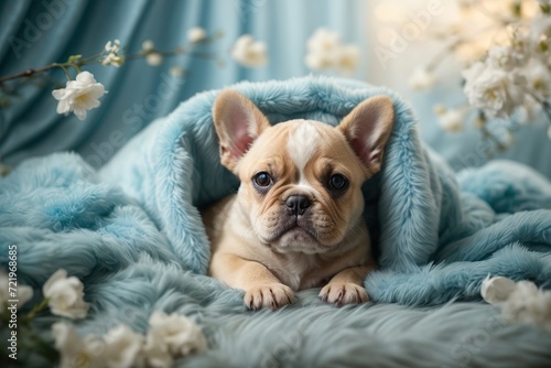 dogs in blue fluffy blanket