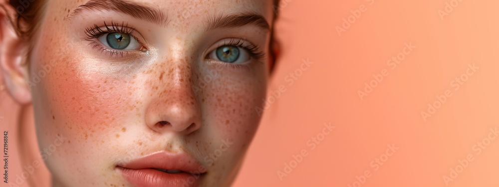 a close up of a woman with freckles on her face a close up of a woman with freckles on her face