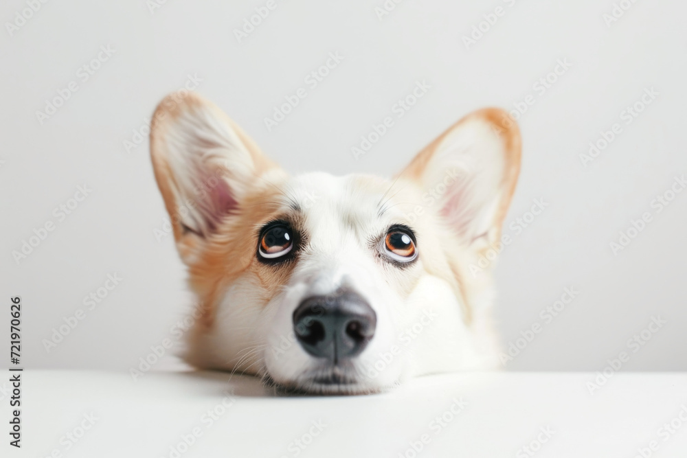 Curious Corgi Dog Peeking Over Table Edge with Expressive Eyes Curious Corgi Dog Peeking Over Table Edge with Expressive Eyes