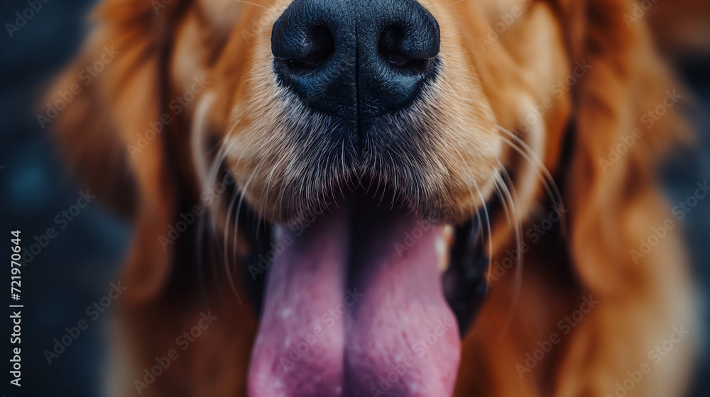 golden retriever dog sticks out his tongue,Close-up of a dog's nostrils - obrazy, fototapety, plakaty 
