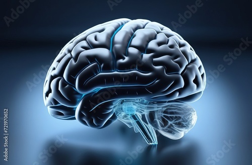 Engraving drawing bright blue human brain side view illustration isolated on dark blue background