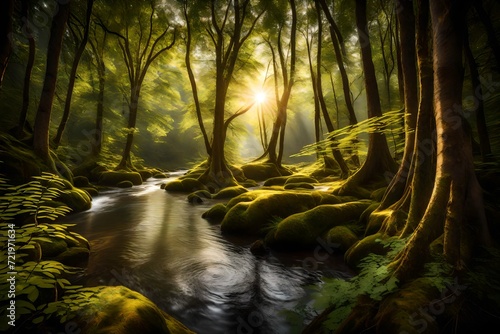 A lush, secluded forest bathed in golden sunlight, with a carpet of fallen leaves covering the ground photo