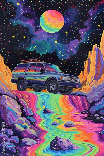 a painting of a 1997 car 4runner on a Sisyphean rainbow road and multicolored stars, whimsical folk art illustrations, light black, arched doorways, nightmarish illustrations, luminosity of water. photo