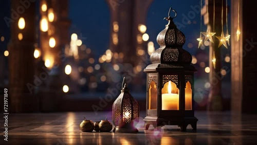 Lantern with candle at ramadan night bokeh blur background. Seamless looping time-lapse virtual 4k video animation background.