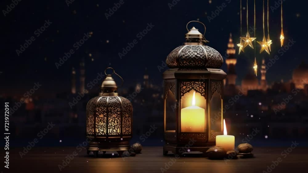 Lantern with candle at ramadan night bokeh blur background. Seamless looping time-lapse virtual 4k video animation background. Lantern with candle at ramadan night bokeh blur background. Seamless looping time-lapse virtual 4k video animation background.