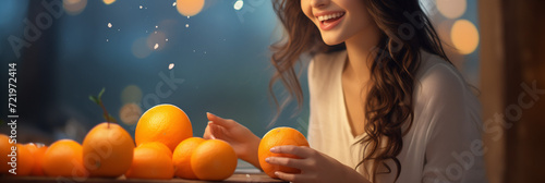 Smiling Woman Enjoying Fresh Oranges in Cozy Setting