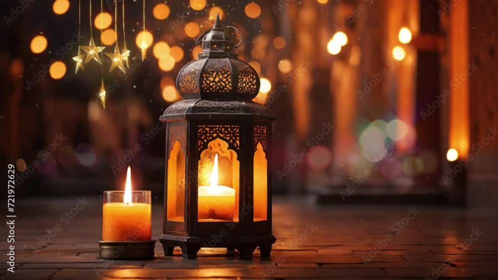 Lantern with candle at ramadan night bokeh blur background. Seamless looping time-lapse virtual 4k video animation background. Lantern with candle at ramadan night bokeh blur background. Seamless looping time-lapse virtual 4k video animation background.