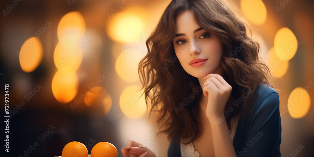 Elegant Woman Enjoying Fresh Oranges in Warm Ambiance Elegant Woman Enjoying Fresh Oranges in Warm Ambiance