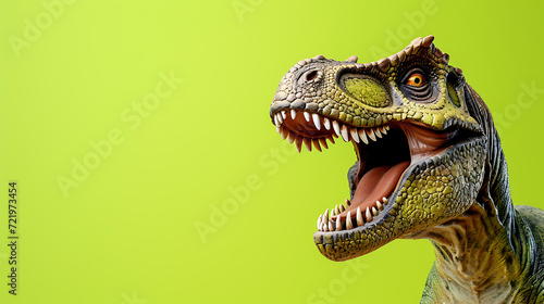 A captivating fierce dinosaur showcasing a warm friendly smile against a vibrant lime green background. © stocker