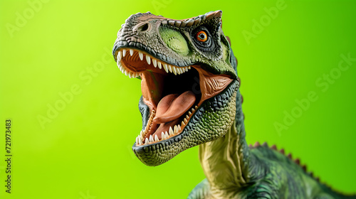 This fierce dinosaur with a friendly smile stands against a vibrant lime green background  capturing attention with its uniquely charming appearance.