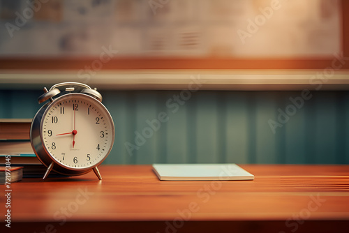 Empty Wooden tabletop with a desk clock and a book, study room, mockup for product placement, blur background