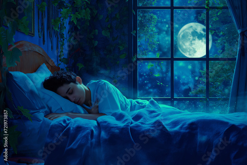 A man sleeping in the bed peacefully, bedtime , night resting