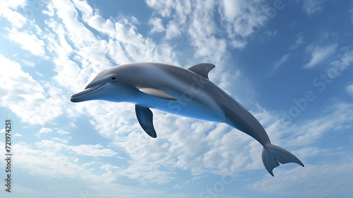 A stunning 3D animated dolphin gracefully gliding through a vibrant sky blue background, emanating joy and delight.