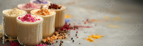 Assortment of Gourmet Spiced Lattes with Floral Toppings, a place to copy