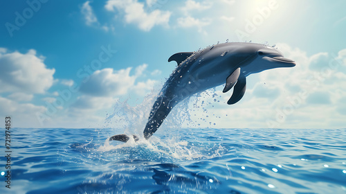 A lively dolphin jumps out of the water against a serene sky blue backdrop. © stocker