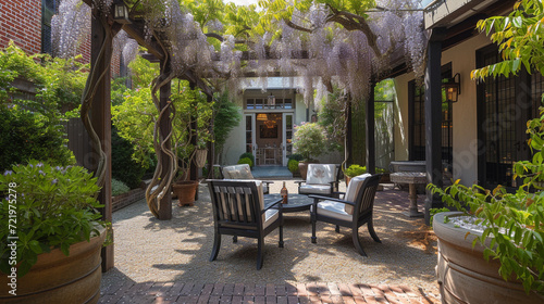 A warm garden courtyard with blooming wisteria vines, providing a serene and visually stunning outdoor retreat