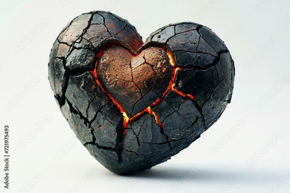 Burning heart statue on white background. Generative AI Image.	