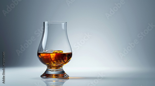 A glass of amber whisky on an elegant grey background, accentuating the purity and quality of the drink. The perfect image to illustrate the art of tasting and enjoying high-quality alcohol photo