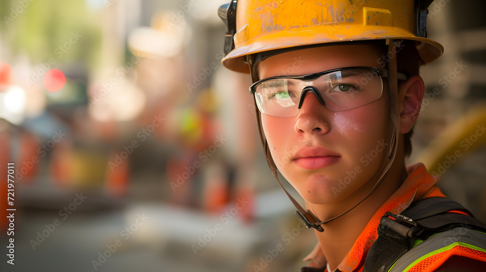 Portrait of a young male construction worker wearing safety helmet and safety glasses Portrait of a young male construction worker wearing safety helmet and safety glasses