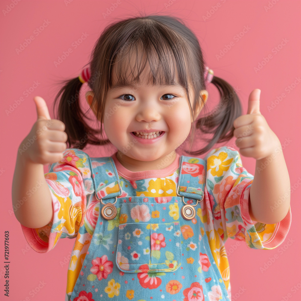 fisheye view of a japanese kid girl jumping and thumbs pink background. fisheye view of a japanese kid girl jumping and thumbs pink background.