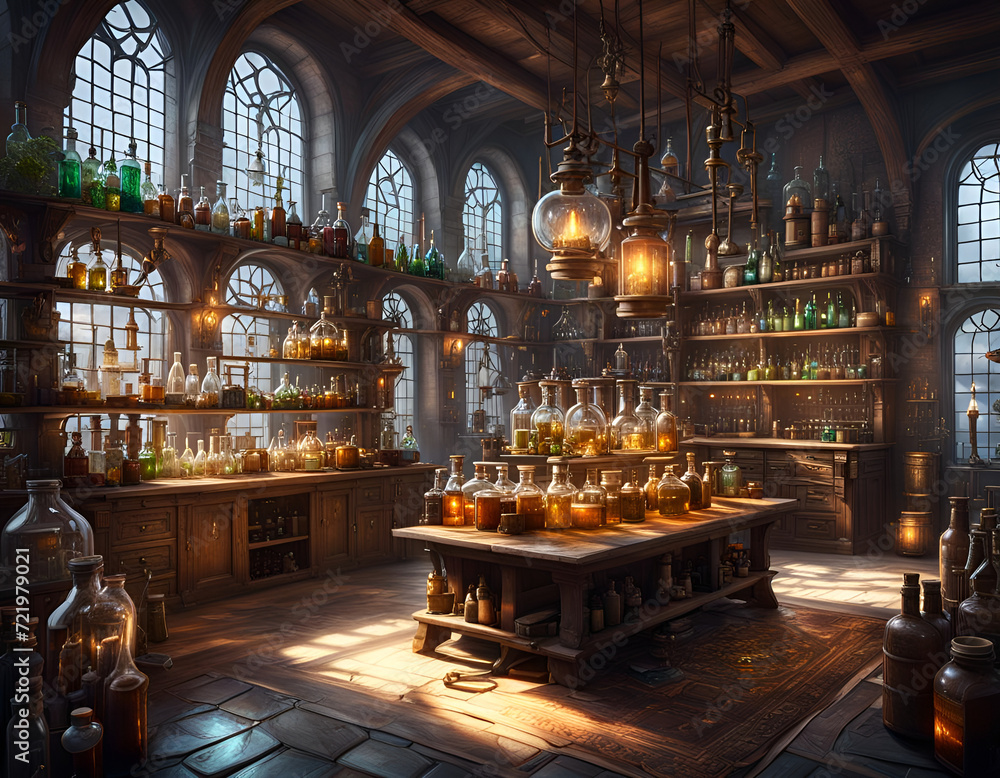 Obraz premium Alchemist lab. A strange and creepy cabinet of curiosities filled with lots of bottles and glass jars. CG Artwork Background. AI generated digital illustration