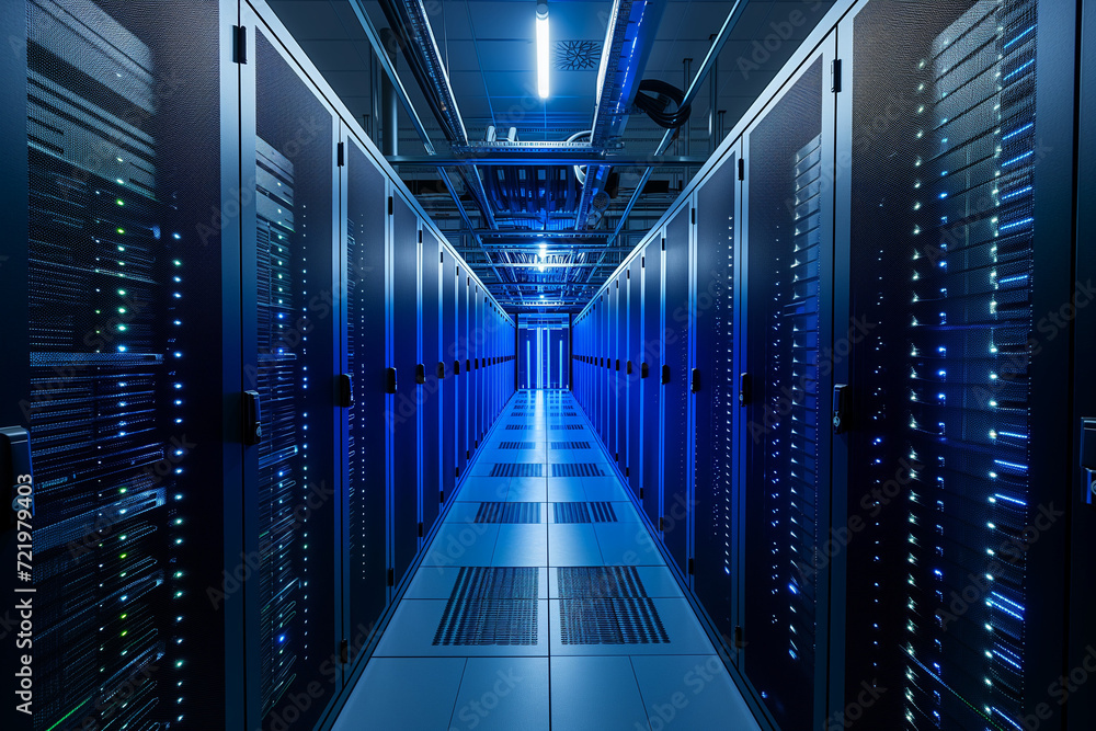 Modern powerful data center with computer calculating complex digital information Modern powerful data center with computer calculating complex digital information
