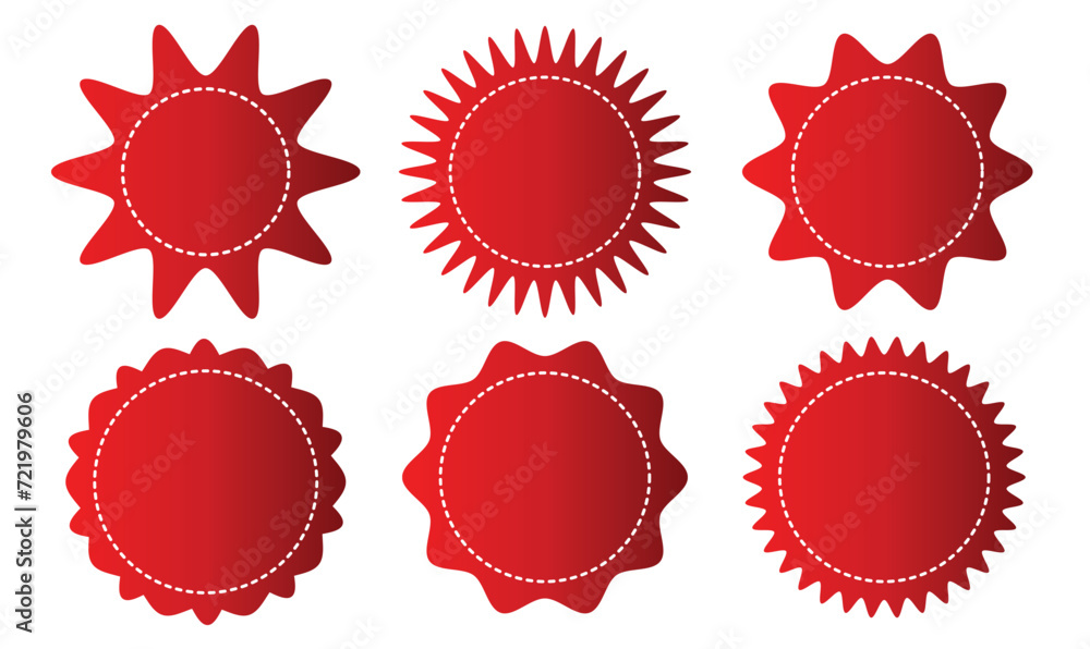 Set of circles with zigzag edges. Labels, stickers, badges, stamps round shapes. Star or sunburst icons isolated on white background. Stitched zig-zag circle collection in gradient color. Set of circles with zigzag edges. Labels, stickers, badges, stamps round shapes. Star or sunburst icons isolated on white background. Stitched zig-zag circle collection in gradient color.