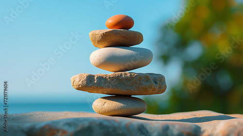 Stacked stones against a blurred background photo