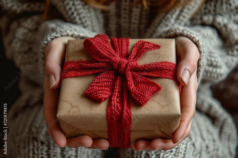 Hands tying a red ribbon around a beautifully wrapped gift box Hands tying a red ribbon around a beautifully wrapped gift box