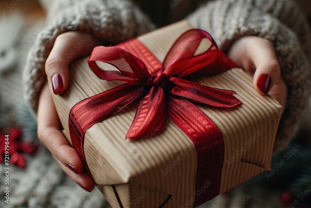 Hands tying a red ribbon around a beautifully wrapped gift box Hands tying a red ribbon around a beautifully wrapped gift box