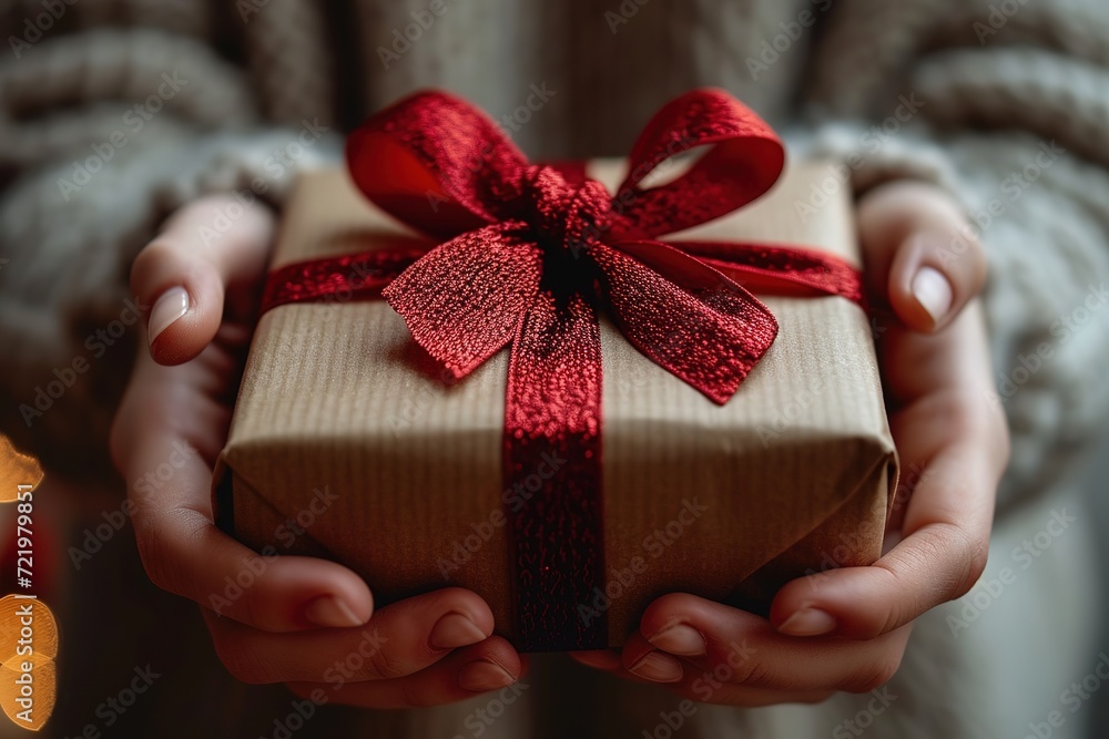 Hands tying a red ribbon around a beautifully wrapped gift box