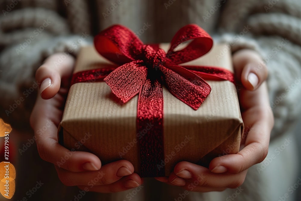 Hands tying a red ribbon around a beautifully wrapped gift box Hands tying a red ribbon around a beautifully wrapped gift box
