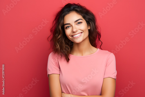 Close-Up Portrait of a Cheerful Young Woman  Brimming with Curiosity and Cleverness  Soft red Pastel Background.