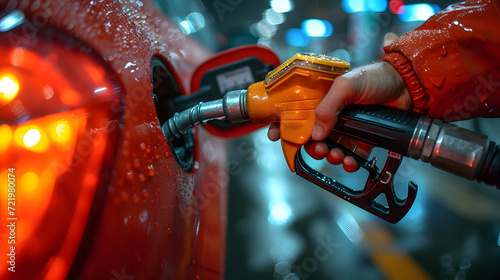 Car refueling at gas station. Close-up of hand holding fuel nozzle.  Man's hand grips a gasoline fuel nozzle, refuels his car.