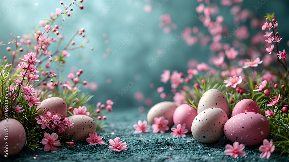 Easter eggs and pink flowers on a blue background with copy space