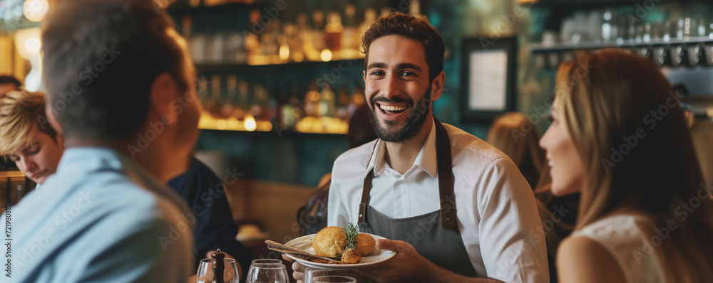 Happy waiter serving food to group of friends in a pub