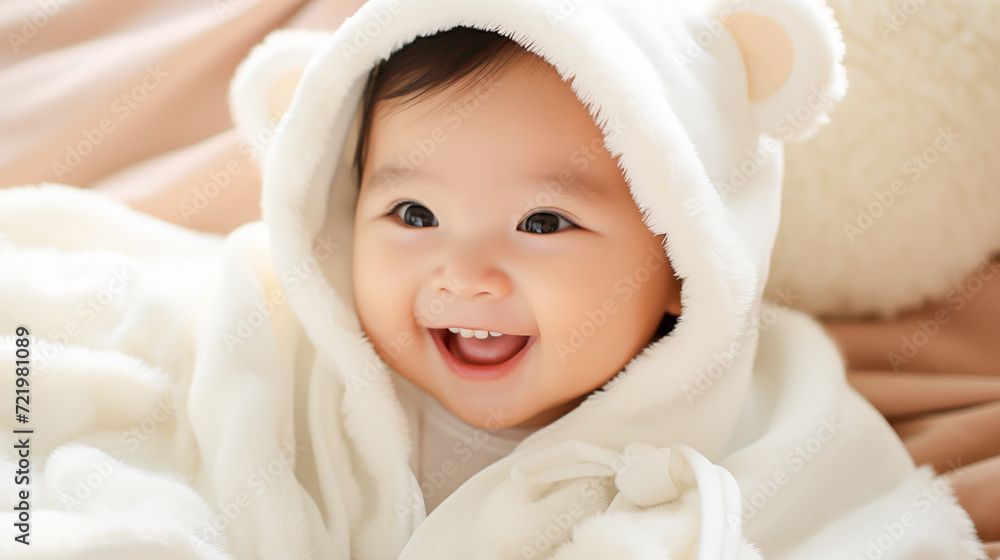 Happy smiling Asian baby wrapped in a light white towel with ears, on a bed on a white background. Happy smiling Asian baby wrapped in a light white towel with ears, on a bed on a white background.