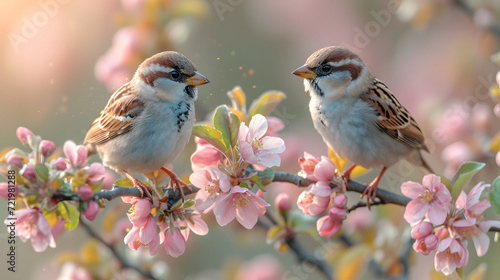 Two cute sparrows sitting on a branch of a spring blossoming tree © mandu77