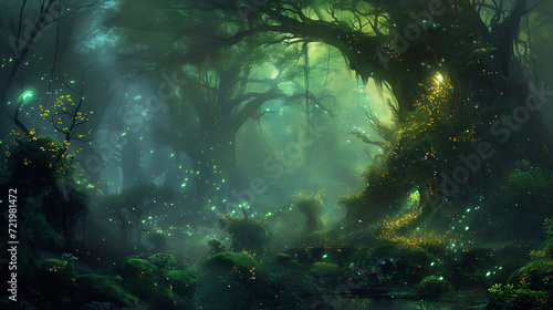 Explore a magical forest filled with giant ancient trees, glowing bioluminescent plants, and whimsical fairies. photo