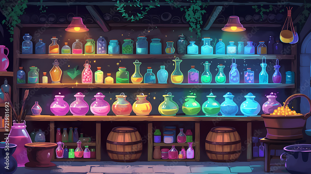 Explore a magical potion shop adorned with shelves of vibrant concoctions and bubbling cauldrons.