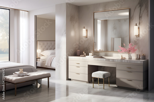 A contemporary master suite with a cabinet