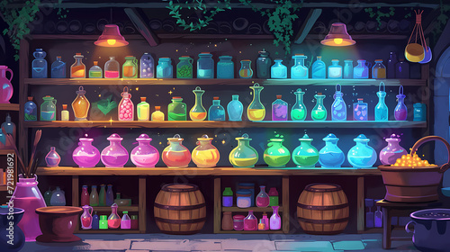 Explore a magical potion shop adorned with shelves of vibrant concoctions and bubbling cauldrons.