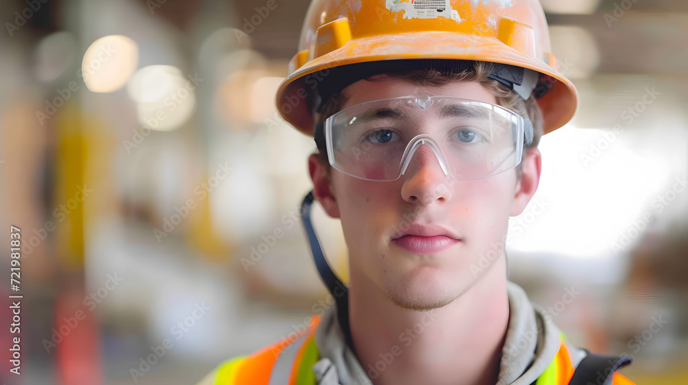 Portrait of a young male construction worker wearing safety helmet and safety glasses