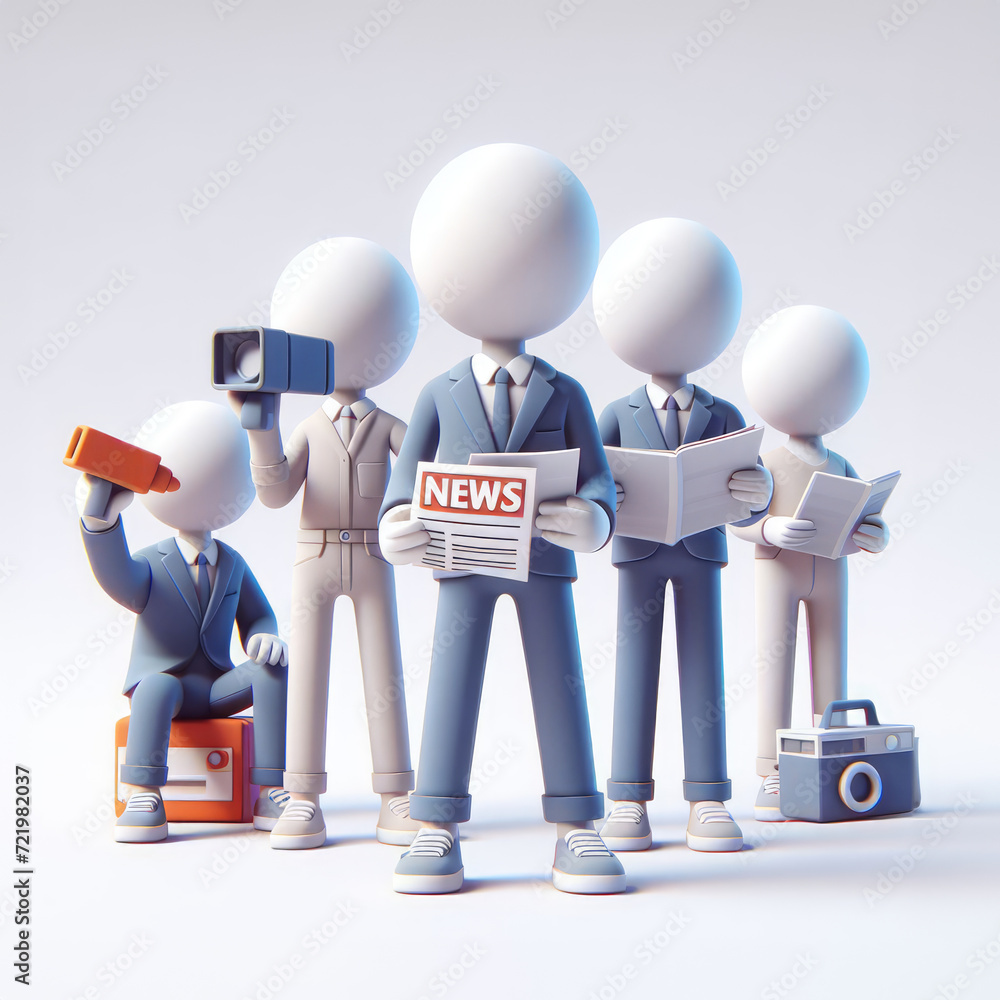 Five Journalists and Media Figures with Newspapers. 3D minimalist cute ...