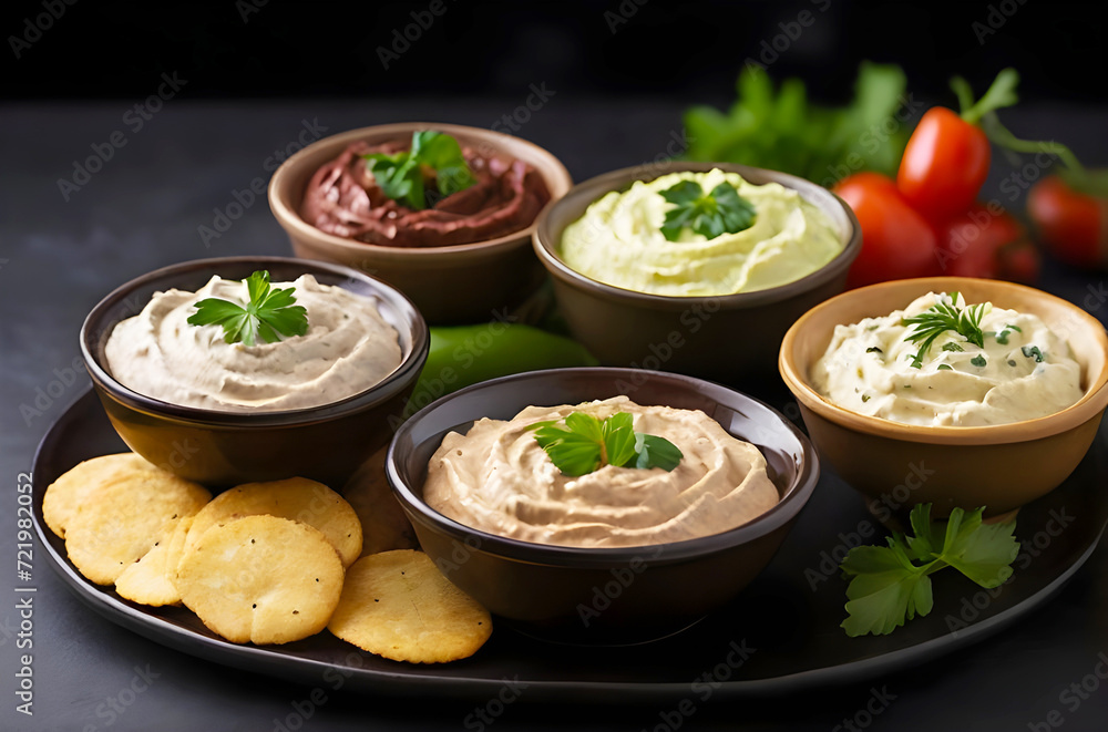 A plate of five healthy dips and spread with recipes, on dark background