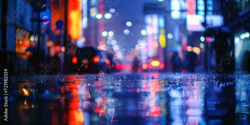 Rainy night in the big city. View from the level of asphalt, image in the soft orange-purple toning.