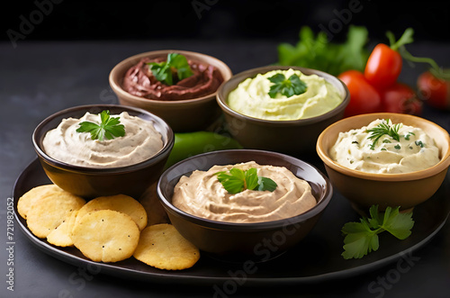 A plate of five healthy dips and spread with recipes, on dark background