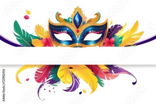 Mardi Venetian carnival mask festive with colored frame banner. carnival festival, Carnival mask on empty banner background 
 photo