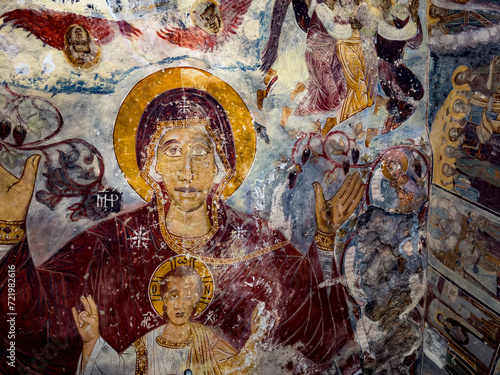 Wall paintings from The Sumela Monastery (Turkish: Sümela Manastırı) stands at the foot of a steep cliff facing the Altındere valley in the region of Maçka in Trabzon Province, Turkey.